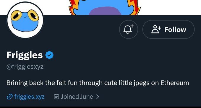 A Twitter/X profile for "Friggles" (@frigglesxyz), featuring a blue cartoon character avatar with a verified blue checkmark, describing itself as "Bringing back the felt fun through cute little jpegs on Ethereum," linking to friggles.xyz and having joined in June—contextualizing the post as a teaser for an upcoming 5,555-supply Ethereum NFT collection with pricing to be announced.
