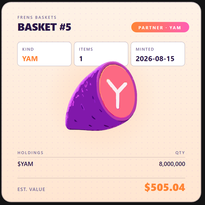A Frens Baskets NFT labeled 'Basket #5' by partner YAM, containing 8,000,000 $YAM with an estimated value of $505.04, minted on 2026-08-15.