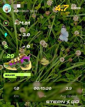 STEPN app running screen showing 1.29 km walked in 00:15:20 at 3.9 Avg Speed, with a Walker shoe and stats of +74.81 and -3.0 displayed over a grassy background.