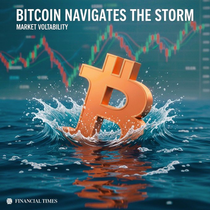 A Financial Times graphic titled 'BITCOIN NAVIGATES THE STORM - MARKET VOLTABILITY' showing a 3D golden Bitcoin symbol emerging from turbulent ocean waves with a price chart in the background.