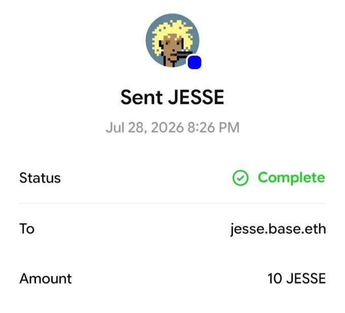 A transaction confirmation screen showing a successful send of '10 JESSE' tokens to 'jesse.base.eth', dated Jul 28, 2026, with a pixel art avatar at the top.