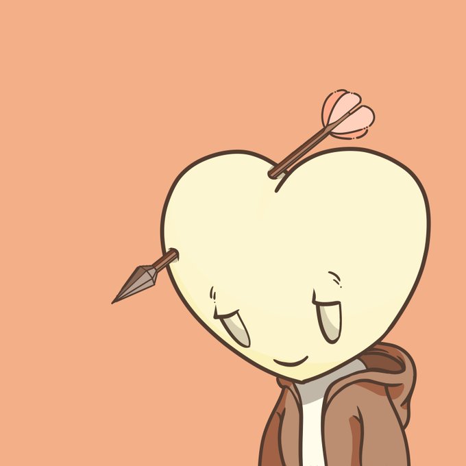 An illustration of a heart-shaped character with an arrow through it, wearing a brown hoodie against an orange background.