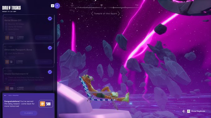 The image shows a player in the "Temple of the Spark" area of Otherside, standing on a colorful boat-like object amid floating rocks and vibrant pink cosmic scenery, with a "Daily Tasks" menu on the left displaying three completed quests (Aerial Show-Off, Otherside Passport: Bone, and Chaos Containment IV) for 200 BOBA rewards each, plus a bonus of 500 for daily reward streaks—all marked as "CLAIMED" to match the poster's "Daily Quests done" message.