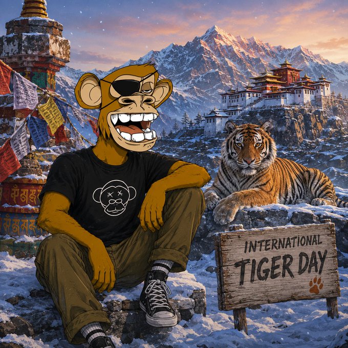 An illustration features a Bored Ape-style cartoon monkey character wearing sunglasses and a black t-shirt, sitting next to a tiger in a snowy mountain landscape with a wooden sign reading 'INTERNATIONAL TIGER DAY'.