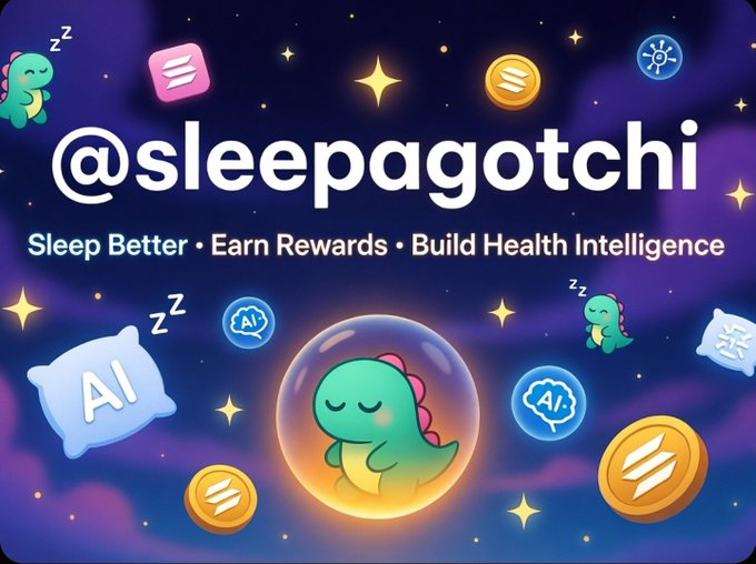 The image features a cartoon green dinosaur with a blue head, surrounded by various coins and stars against a purple background. The text "@sleepagotchi" is displayed above the dinosaur, while the phrase "Sleep Better. Earn rewards. Build health intelligence." is written below it. The post also mentions that users can earn points for hitting their bedtime and collecting cute dinosaurs as rewards.