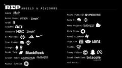 A black screen displays a list of celebrity stock traders including names like Tom Brady, Steph Curry, Serena Williams, and Jay-Z, along with companies and their stock tickers such as $TSLA, $HSC, $LVMH, and $dis.