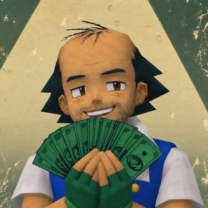 A 3D anime-style character with messy black hair, facial stubble, and a blue vest, smiling while holding a fan of green dollar bills with skull designs.