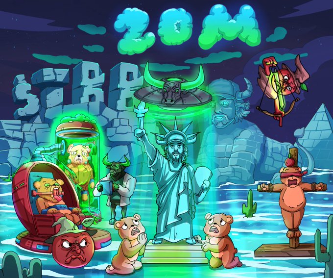 Vibrant fan art celebrating "$TBB" reaching 20M market cap, featuring a Statue of Liberty, bears, a demon, a fox-like character in a cryogenic pod, and "20M SOAR" text glowing over a surreal landscape, tied to the milestone celebration for $TBB with references to community builders.