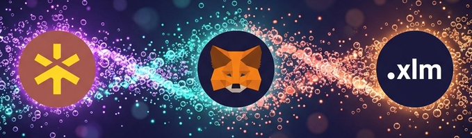 Banner featuring three cryptocurrency logos on a glowing bokeh background: a yellow token symbol, MetaMask's fox logo, and Stellar (.xlm).