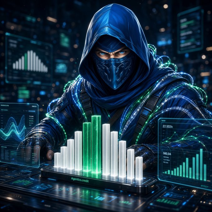 A hooded ninja-like figure in dark blue armor with a mask stands behind holographic bar charts and data displays labeled 'Agentics.credit' in a futuristic cyberpunk setting.
