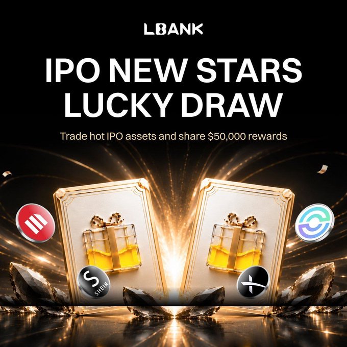 An LBANK promotional banner for 'IPO NEW STARS LUCKY DRAW' offering '$50,000 rewards' for trading hot IPO assets, featuring two gold gift boxes and cryptocurrency logos.