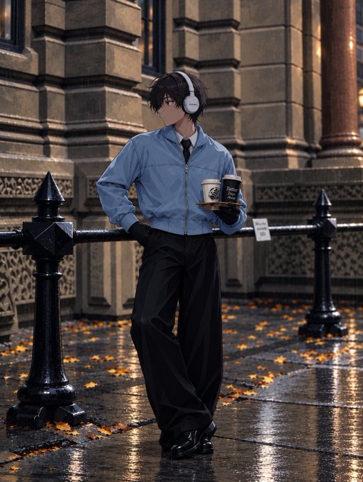 An anime-style young man with dark hair leans against an ornate black iron railing on a rainy city street, wearing a blue jacket, dark trousers, and white headphones while holding a coffee cup. The image perfectly complements the "gm Elite Ones" post by visually embodying a calm, focused morning routine—reflecting the message that even amid busy lives, taking a quiet moment with coffee is a deliberate priority to stay "REMARKABLE."