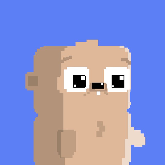 Pixel art of a cute tan-colored creature with large shiny eyes and a single small tooth, set against a solid blue background.