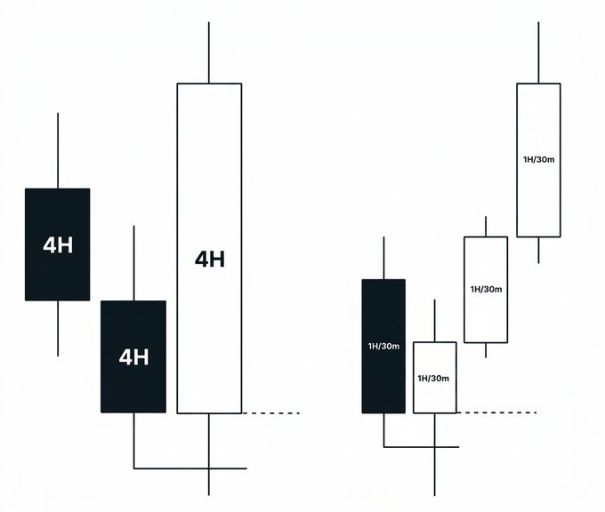 A black and white candlestick chart diagram illustrating trading timeframes, showing 4H (4-hour) candles on the left and 1H/30m (1-hour/30-minute) candles on the right with dashed support lines.