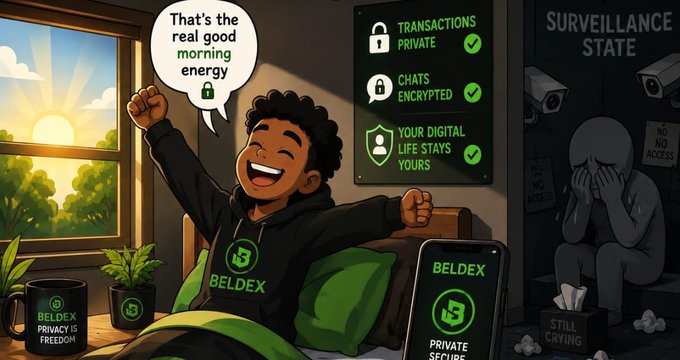 An illustrated advertisement for 'BELDEX' showing a smiling boy in a hoodie celebrating 'real good morning energy,' contrasting with a dark surveillance state where a figure cries in the corner.
