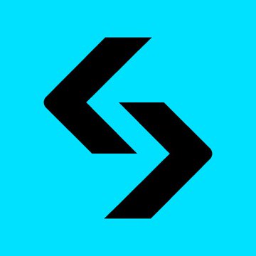 A simple graphic featuring a black double-chevron symbol pointing left, set against a solid cyan background.