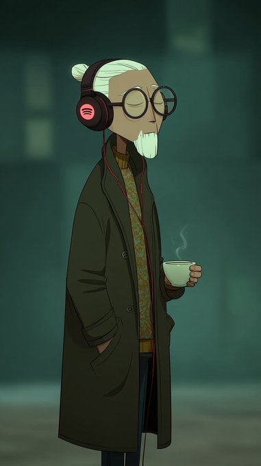 A stylized animated illustration depicts an elderly man with a white beard and round glasses, wearing red headphones (featuring the Spotify logo), a dark trench coat, and a patterned sweater, while calmly sipping a steaming cup of tea. The image's theme of thoughtful reflection and focus pairs with the post's message about looking beyond surface-level promises to find NomismaNetwork's robust, fully on-chain infrastructure ready for the next wave of DeFi and AI.