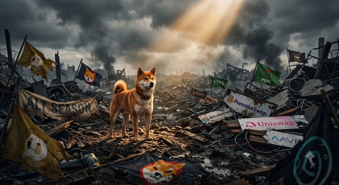 A Shiba Inu dog stands confidently in a desolate, ruined landscape under a dramatic sky with light rays, surrounded by tattered flags bearing cryptocurrency logos (Dogecoin, PEPE, Uniswap, etc.) and a banner reading 'ALT SEASON'.