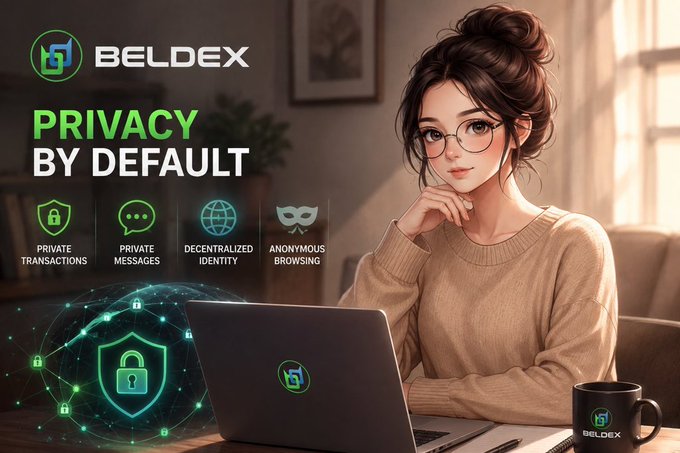 A promotional graphic for "BELDEX" highlighting "PRIVACY BY DEFAULT" with an illustrated woman using a laptop, alongside icons for private transactions, messages, decentralized identity, and anonymous browsing.