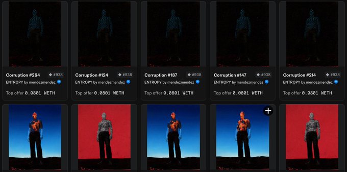 A grid display of NFT listings titled "Corruption" by mendozadeicz shows multiple items numbered #264, #124, #157, #147, and #214, each with a top offer of "0.0801 WETH".