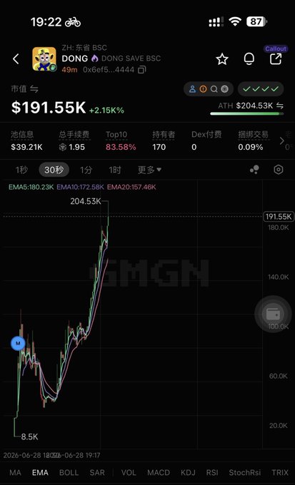 A cryptocurrency price chart shows the token "DONG" (BSC) surging from a low of 8.5K to an all-time high of $204.53K, currently trading at $191.55K with a 2.15% gain. The post references a "Vietnamese monkey" allegedly gifting 65% to CZ (Binance's founder), noting the dramatic pump amid claims of a bear market, with the chart visually confirming the parabolic rise to 200K.