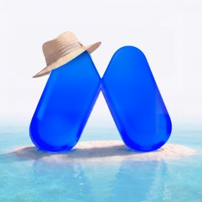 A blue pill-shaped character with a straw hat standing on a small rock in turquoise water, with another similar blue pill shape beside it forming an 'M' shape.