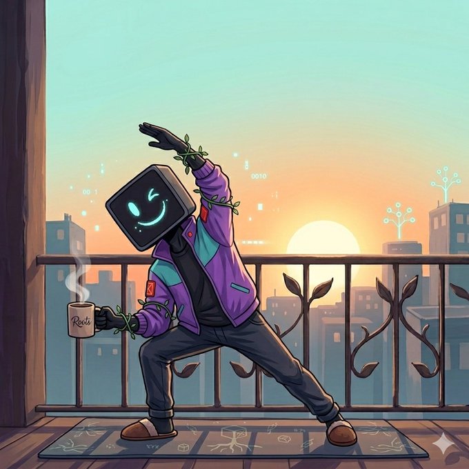 An illustration of a humanoid figure with a digital monitor head displaying a smiling face, striking a yoga pose on a balcony at sunset while holding a mug that reads "Roots".