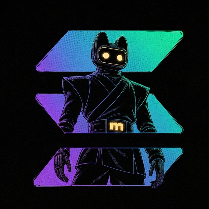 A stylized illustration of a robotic figure in dark robes with glowing yellow eyes and an 'm' belt buckle, framed by three purple and teal horizontal panels.