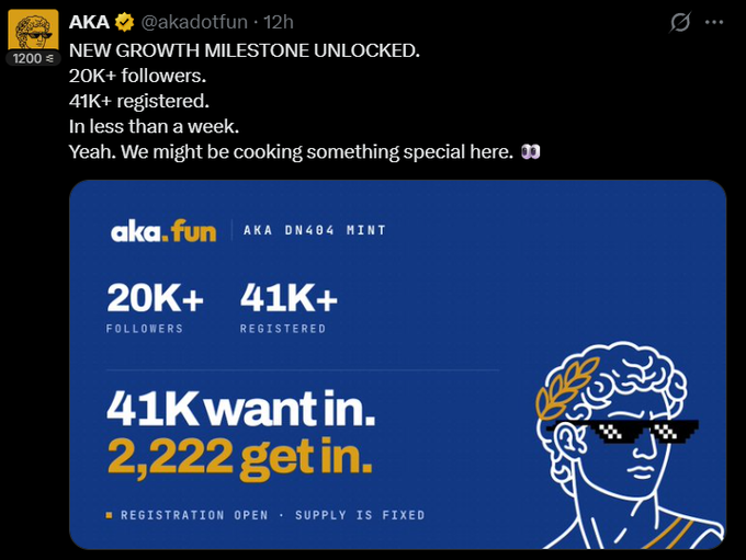A tweet from @akadotfun celebrating surpassing 20K+ followers and 41K+ registrations on aka.fun in less than a week, teasing an upcoming "AKA DN404 MINT" with only 2,222 of 41,000 registrants getting access, aligning with the post's promotion of one of the first launchpads on Arc (Circle's stablecoin L1) launching mainnet September 16.