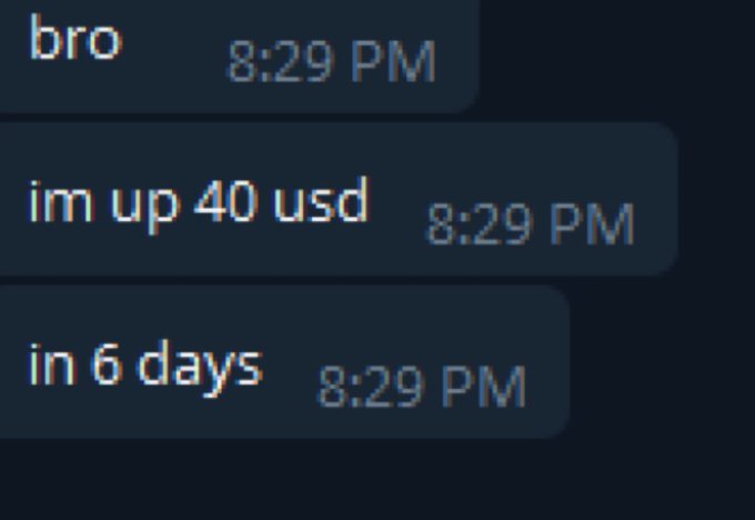 A screenshot of a text message conversation showing three messages sent at 8:29 PM reading "bro," "im up 40 usd," and "in 6 days" — humorously tied to the post as a friend joking about modest gains after a week of trading on Robinhood.