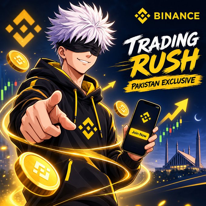 An anime character with white hair holds a phone displaying a "Join Now" Binance button alongside gold coins and a chart, promoting the "Trading Rush - Pakistan Exclusive" campaign by Binance for users in Pakistan to complete missions and win USDT rewards.