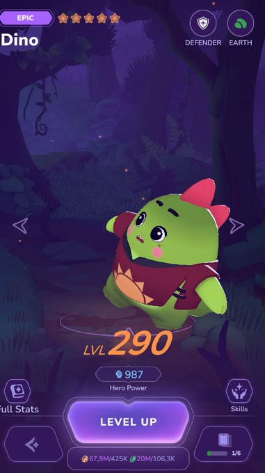 A green dinosaur character named "Dino" is displayed in a mobile game interface at LVL 290 with 987 Hero Power, framed as an "EPIC" defender for Earth. The image supports the post's claim about Dino being a recognizable mascot within the Sleepagotchi ecosystem, showing the character integrated into gameplay rather than just serving as a standalone logo.