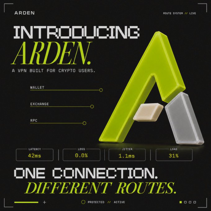 A promotional graphic introducing 'ARDEN,' described as 'A VPN BUILT FOR CRYPTO USERS,' featuring a large 3D 'A' logo and performance stats like 42ms latency and 0.0% loss.