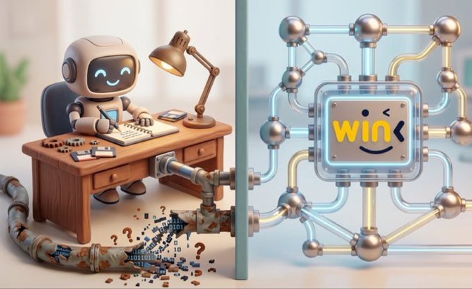 A split illustration shows a friendly robot writing at a desk on the left, connected by pipes to a metallic cube displaying a winking face with the text 'WIN' on the right.