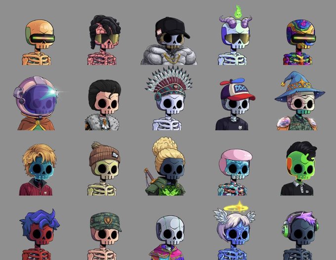 A grid of 20 stylized cartoon skull NFT avatars with various accessories like helmets, hats, and sunglasses on a gray background.