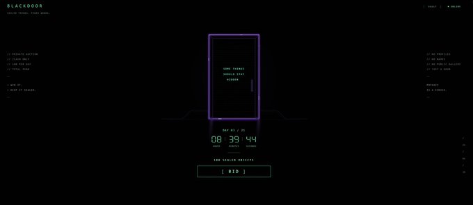 A dark-themed website for "BLACKDOOR" featuring a neon-purple outlined door graphic and a countdown timer reading "08 39 44" above a button labeled "100 SEALED INVITES [ BID ]".
