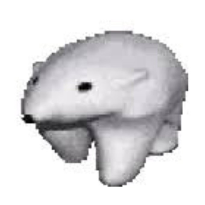A grayscale pixelated image of a small round creature with three stubby legs and a dark eye/mouth marking.