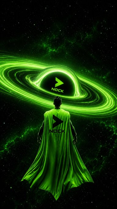 A digital artwork of a figure in a green 'NOOK' cape standing before a glowing green accretion disk/black hole in space, also bearing the 'NOOK' logo.