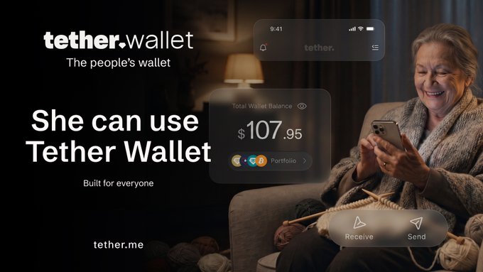A Tether Wallet advertisement featuring an older woman smiling while using a smartphone, with text reading 'She can use Tether Wallet' and 'Built for everyone,' showing a wallet balance of $107.95.
