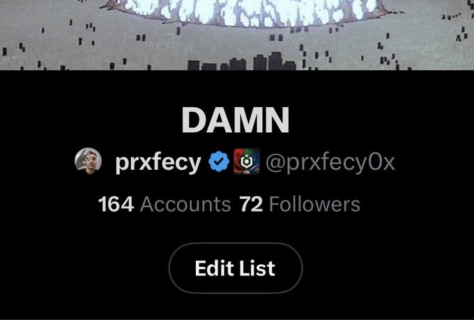 Screenshot showing the word 'DAMN' above a Twitter/X list by prxfecy (@prxfecy0x) containing 164 accounts and 72 followers, with an 'Edit List' button.