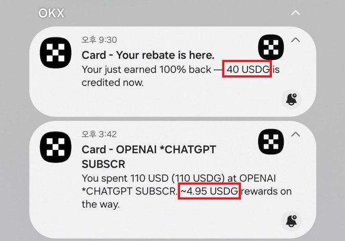 OKX notifications showing a 100% rebate of 40 USDG and a ChatGPT subscription payment of 110 USD (110 USDG) with ~4.95 USDG rewards, with USDG amounts highlighted in red boxes.