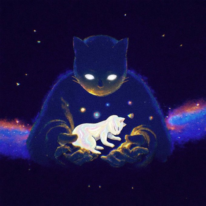 The image shows a surreal, dreamy illustration of a giant shadowy black cat with glowing white eyes against a dark starry sky, its massive paws cradling a small, ethereal white fox-like creature surrounded by tiny glowing orbs and cosmic nebula clouds in shades of blue, purple, and gold—fittingly visualizing the post's message about "the dip paying me," as the protective feline figure symbolizes a guardian delivering rewards or gains (the glowing creature and orbs) during a market downturn.