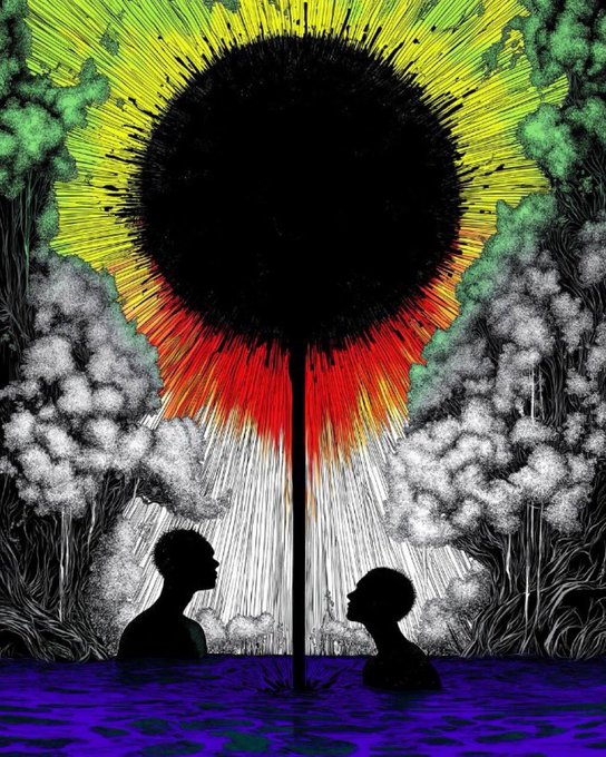 An artistic illustration featuring two silhouetted figures in water below a massive black orb with a dripping tail, surrounded by radiating yellow and red lines, grey clouds, and green trees.