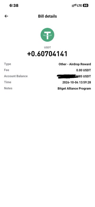 A mobile screenshot of a Bill details page showing a USDT airdrop reward of +0.60704141 USDT from the Bitget Alliance Program.