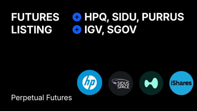 The image features a black background with white text that reads "Futures listing", followed by a list of companies including HPQ, SIDU, PURRS, IGV, and SGOV. The text also mentions "Perpetual Futures" and provides details about the companies listed on the post.
