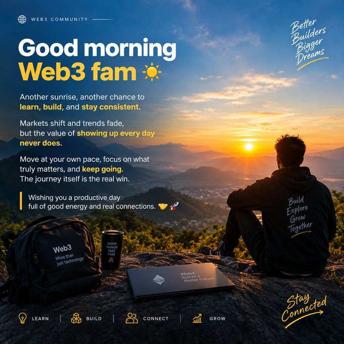 A motivational 'Good morning Web3 fam' graphic featuring a person silhouetted against a sunset, with branded Web3 merchandise including a backpack and tumbler, alongside the slogan 'Better Builders Bigger Dreams.'