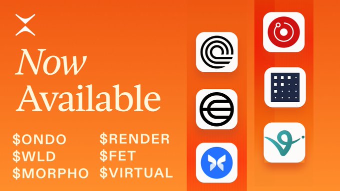 The image features a poster for a product launch, with an orange background featuring white squares containing logos of various app icons such as a camera icon, social media icons like Instagram and Twitter, and other app icons. The text at the bottom of the poster reads "Now live on Phoenix: $ONDO - 10x leverage $WLD - 10x leverage $MORPHO - 5x leverage $RENDER - 5x leverage $FET - 5x leverage $VIRTUAL". This suggests that the product is available for purchase and can be used to enhance the user experience.