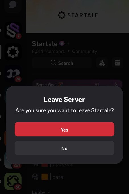 A screenshot of a Discord interface showing a 'Leave Server' confirmation dialog for a server named 'Startale'.