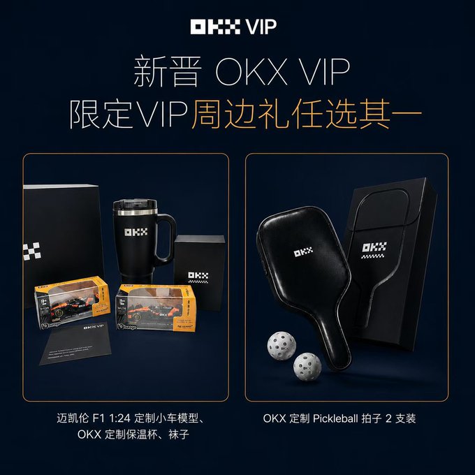 The image is a promotional advertisement for OKX VIP membership, offering new VIPs a choice between two exclusive merchandise bundles: a McLaren F1 1:24 scale model car set with an OKX branded thermos mug and socks (left), or an OKX custom pickleball paddle 2-pack with balls (right), all displayed against a dark blue background with gold "新晋 OKX VIP 限定VIP周边礼任选其一" (New OKX VIP - Choose one exclusive VIP gift) text.