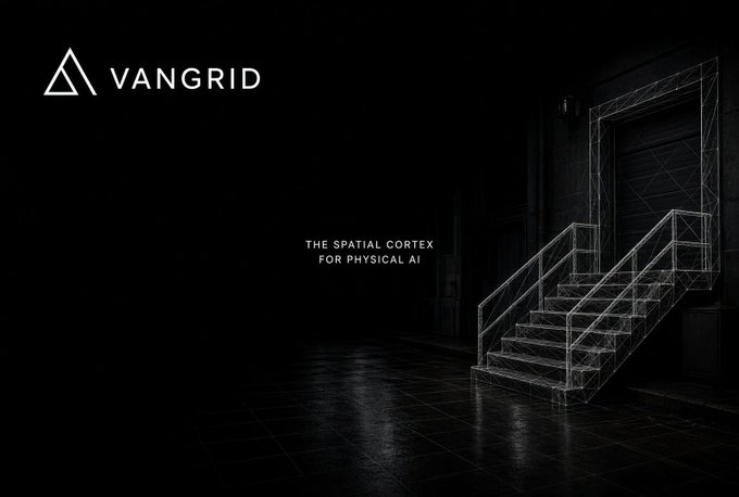 The VANGRID logo appears on the left with the tagline "THE SPATICAL CORTEX FOR PHYSICAL AI" (note: 'SPATIAL' is misspelled as 'SPATICAL') in the center, alongside a wireframe rendering of stairs on the right.